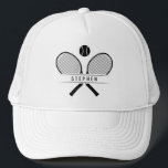 Tennis Rackets & Name Tennis Player Trucker Hat<br><div class="desc">Tennis player's trucker hat, specially designed for tennis enthusiasts who love to hit the court in style. Featuring vintage style tennis rackets crossed in classic fashion with a tennis ball, this hat captures the essence of the game's timeless appeal. Personalize your hat with your name, adding a touch of individuality...</div>