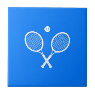 Tennis Rackets with Ball on Blue Background Ceramic Tile