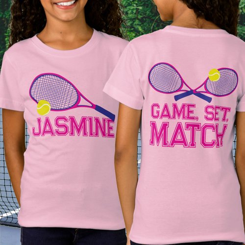 Tennis racquet and ball pink blue graphic custom T_Shirt