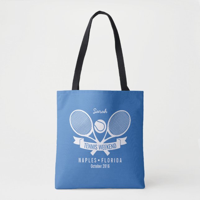Tennis Racquet Ball Personalized Custom Blue Logo Tote Bag (Front)