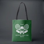 Tennis Racquet Ball Personalized Custom Green Logo Tote Bag<br><div class="desc">Personalize this design for your tennis team, tennis club, a tennis weekend trip getaway or to give to any tennis fan. The design features two criss-crossed tennis racquets, a tennis ball, a banner and three lines of custom text set against a green background. (You can also change the background color...</div>