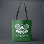 Tennis Racquet Ball Personalized Custom Green Logo Tote Bag<br><div class="desc">Personalize this design for your tennis team, tennis club, a tennis weekend trip getaway or to give to any tennis fan. The design features two criss-crossed tennis racquets, a tennis ball, a banner and three lines of custom text set against a green background. (You can also change the background color...</div>