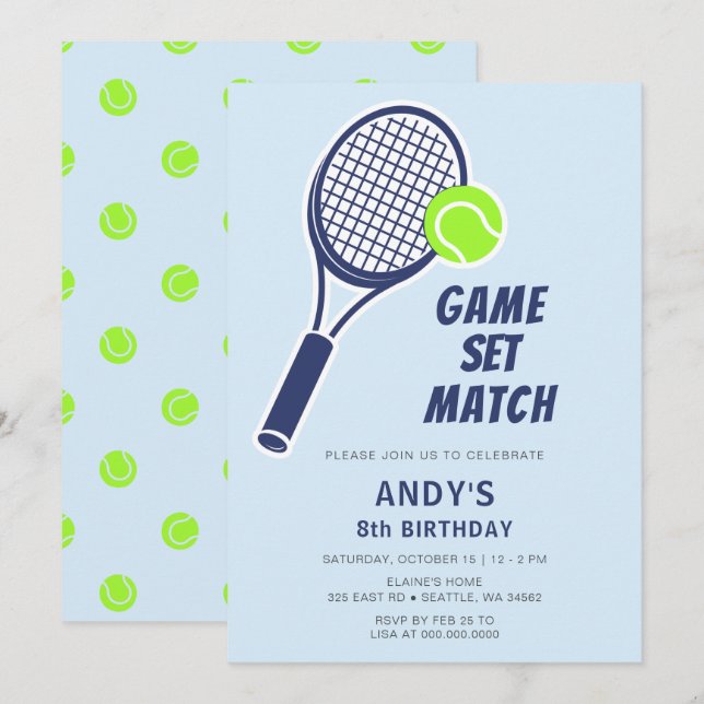 Tennis Racquet Blue Boys Birthday Invitation (Front/Back)