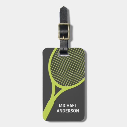 Tennis racquet personalized name green and gray luggage tag