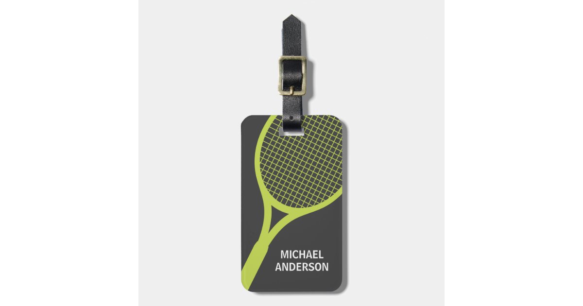 Tennis racquet personalized name green and gray luggage tag Zazzle