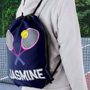 Tennis racquet pink blue personalized drawstring bag