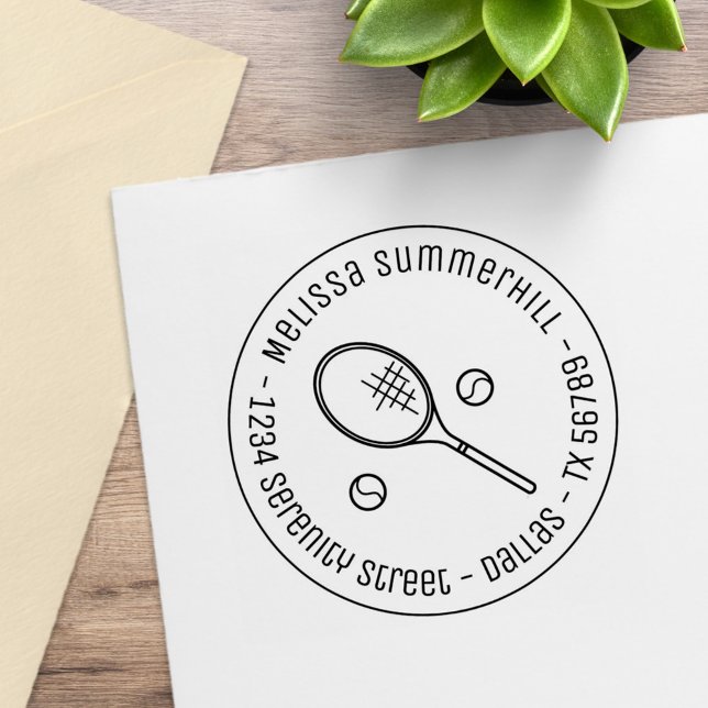 Tennis Racquet Racket and Balls Round Address Rubber Stamp (Creator Uploaded)