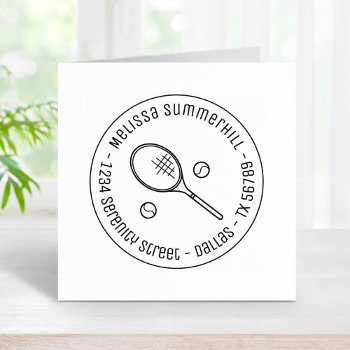 Tennis Racquet Racket And Balls Round Address Rubber Stamp by Chibibi at Zazzle