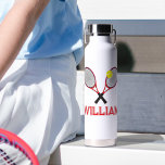 Tennis racquet red black white personalized  water bottle<br><div class="desc">Tennis two rackets and ball design in red,  yellow and black sporty water bottle,  personalize with your own name,  coach or tennis club. Original graphic art and design by Sarah Trett for www.mylittleeden.com</div>