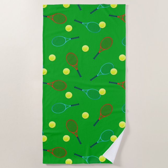 Tennis Racquets and Balls Pattern Beach Towel (Front)