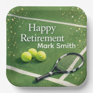 Tennis Retirement with tennis racket and ball Paper Plates