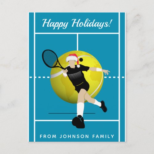 Tennis Santa Player Silhouette Happy Holidays Blue Postcard