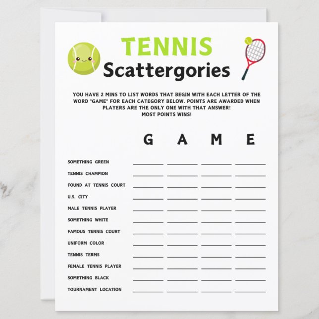 Tennis Scattergories Game (Front)