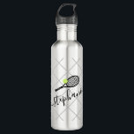 Tennis Script Name Customized Stainless Steel Water Bottle<br><div class="desc">Silver and black personalized black stainless steel water bottle with a tennis racket monogram in an elegant and cute calligraphy script font with a subtle net pattern background.</div>