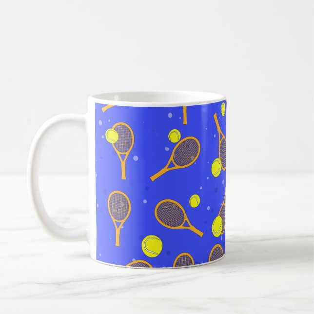 Tennis Seamless Pattern - Orange Racket and Ball Coffee Mug (Left)