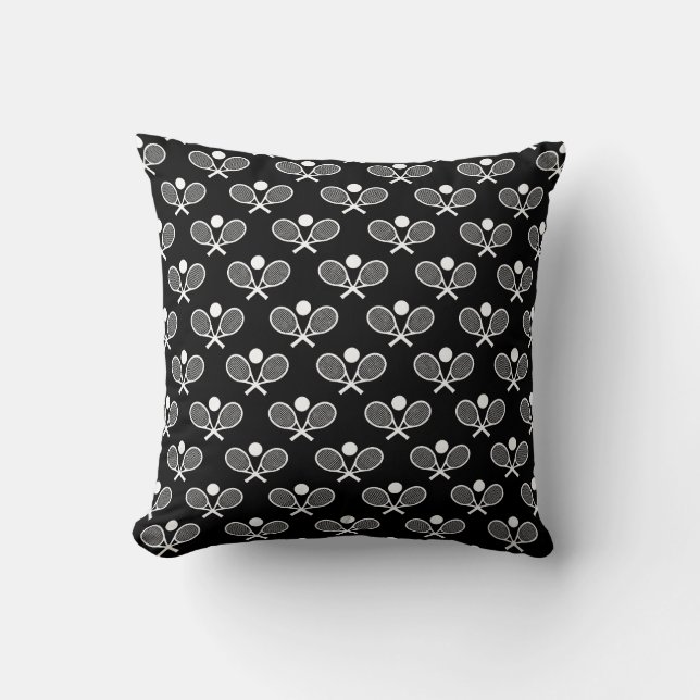 Tennis Seamless Pattern - Racket and Ball on Black Throw Pillow (Front)