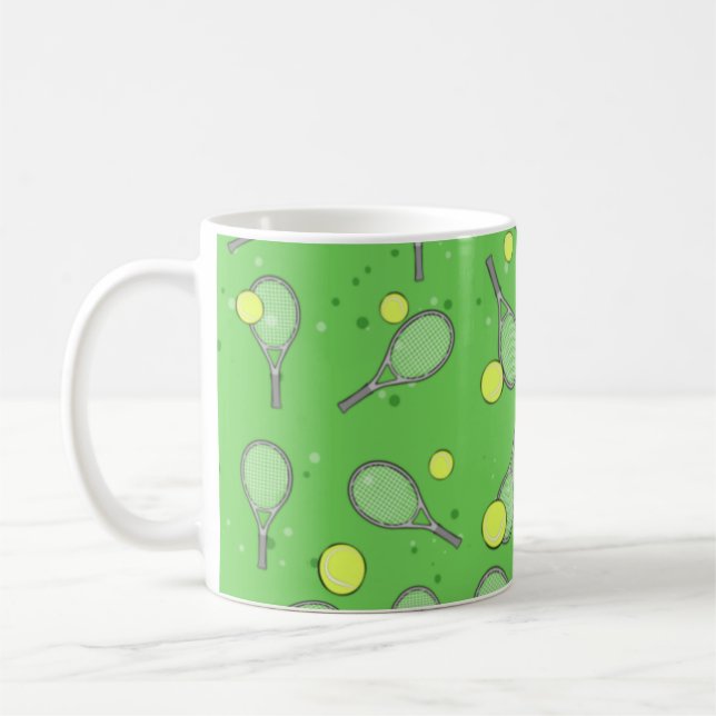 Tennis Seamless Pattern - Racket and Ball on Green Coffee Mug (Left)