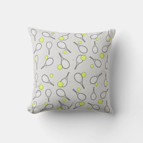 Tennis Seamless Pattern _ Racket and Ball on Grey  Throw Pillow