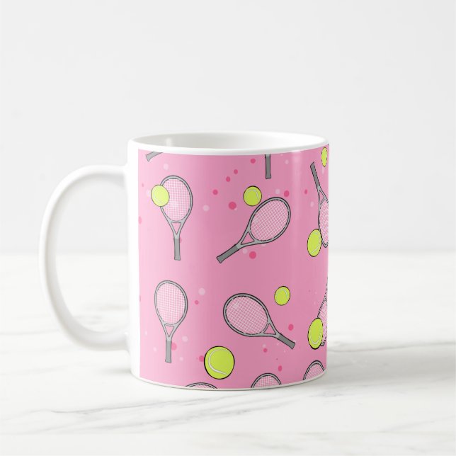 Tennis Seamless Pattern - Racket and Ball on Pink  Coffee Mug (Left)