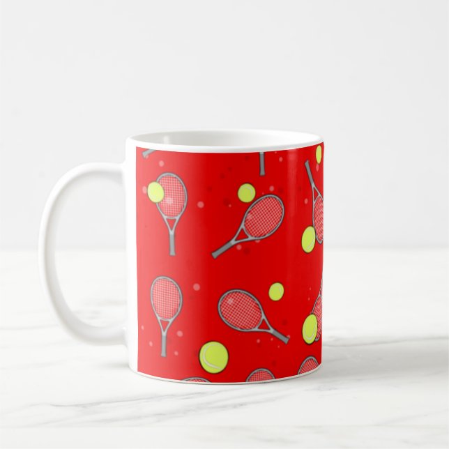 Tennis Seamless Pattern - Racket and Ball on Red  Coffee Mug (Left)