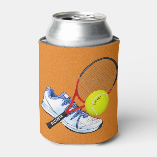 Tennis Shoe Ball And Racket With Your Custom Text Can Cooler