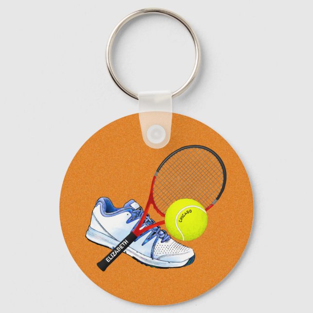 Tennis Shoe Ball And Racket With Your Custom Text Keychain (Front)