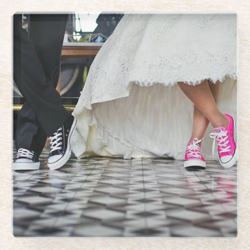 Tennis Shoes with White Wedding Dress Glass Coaster