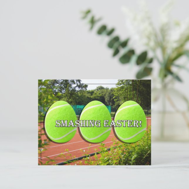 Tennis Smashing Easter with Tennis ball Easter Egg Holiday Postcard (Standing Front)