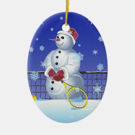Tennis Snowman, Happy Holidays Ceramic Ornament
