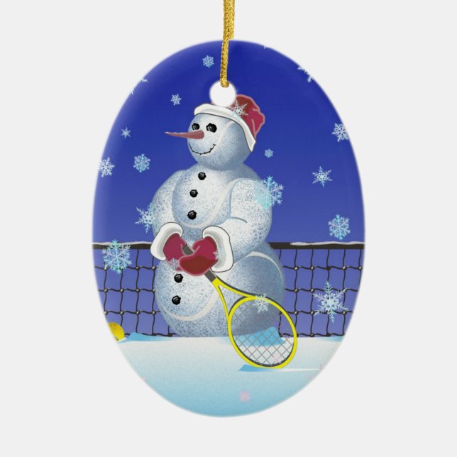 Tennis Snowman, Happy Holidays Ceramic Ornament (Front)