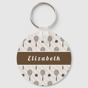 Tennis Soft Pink & Brown Striped Player Coach Name Keychain