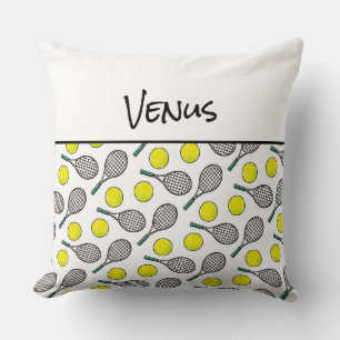 Tennis Sports Ball Racquet Pattern Player NAME Fun Throw Pillow