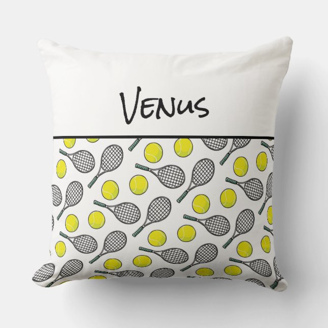 Tennis Sports Ball Racquet Pattern Player NAME Fun Throw Pillow (Front)