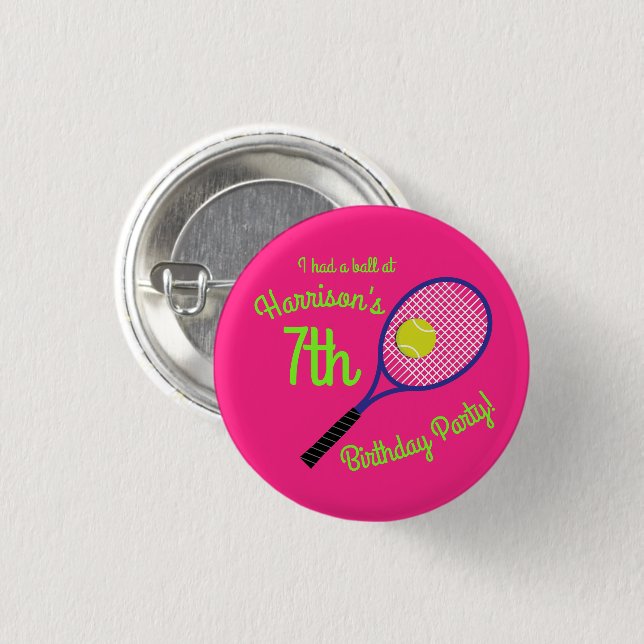 Tennis Sports Birthday Party Pink Button (Front & Back)