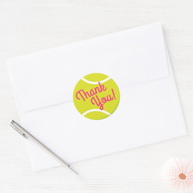 Tennis Sports Birthday Party Pink Thank You Classic Round Sticker (Envelope)