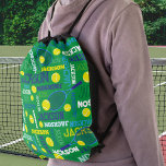 Tennis sports green white blue yellow custom name drawstring bag<br><div class="desc">Sports tennis ball and racquet on a green background personalized name bag. This typographical sports-themed patterned bag has tennis balls and racquets hitting the balls. In court green, dark blue, cyan, tennis ball yellow green and white. This fun sporty design can be customized with your own name, currently reads Jackson....</div>