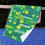 Tennis sports green white blue yellow custom name  hand towel<br><div class="desc">Sports tennis ball and racquet on a green background personalized name hand towel. This typographical sports-themed patterned towel has tennis balls and racquets hitting the balls. In court green, dark blue, cyan, tennis ball yellow green and white. Ideal to use to cool down and wipe away the sweat during a...</div>
