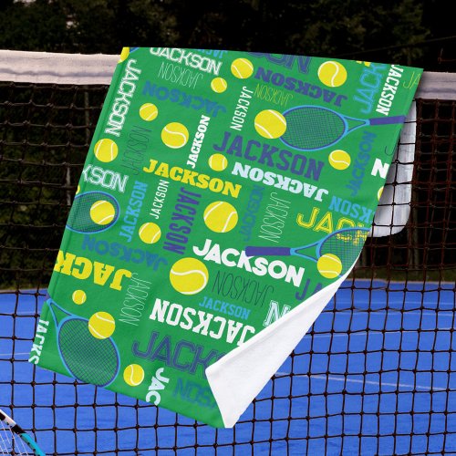 Tennis sports green white blue yellow custom name  hand towel 