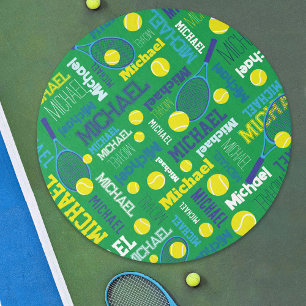 Tennis sports green white blue yellow custom name outdoor rug