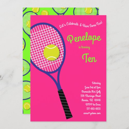 Tennis Sports Kids Birthday Party Pink Girls Invitation