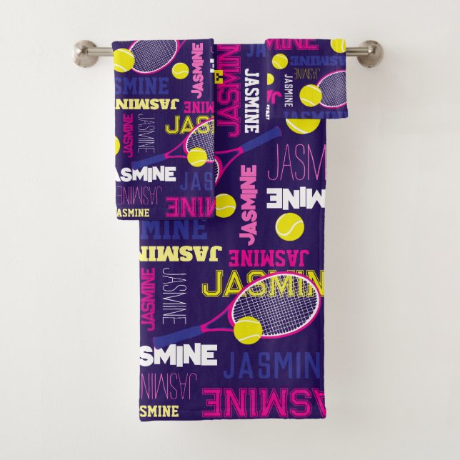 Tennis sports pink white blue yellow custom name bath towel set (Insitu)
