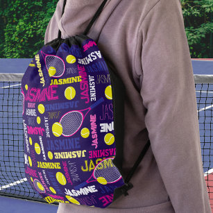 Tennis sports pink white blue yellow custom name drawstring bag