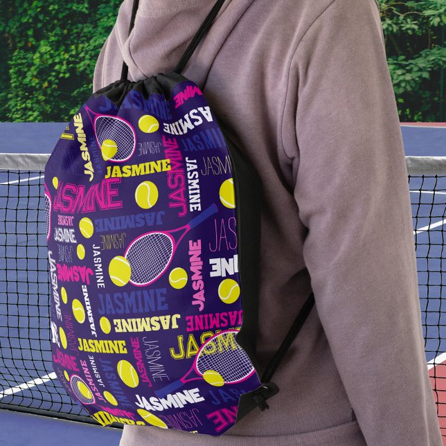 Tennis sports pink white blue yellow custom name drawstring bag (Creator Uploaded)