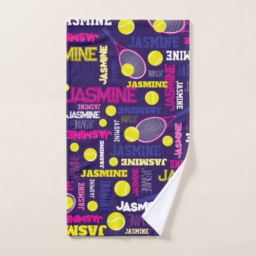 Tennis sports pink white blue yellow custom name hand towel 