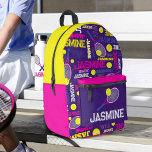 Tennis sports pink white blue yellow custom name printed backpack<br><div class="desc">Tennis sports pink white blue yellow custom name backpack. Sports tennis ball and racquet on a dark blue purple background personalized name bag. This typographical sports-themed patterned bag has tennis balls and racquets hitting the balls with dark blue purple, pink, deep hot pink, yellow, light yellow and white text. This...</div>
