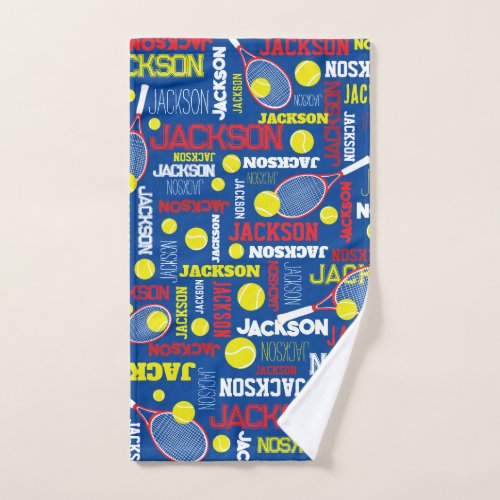 Tennis sports red white blue yellow custom name  hand towel 