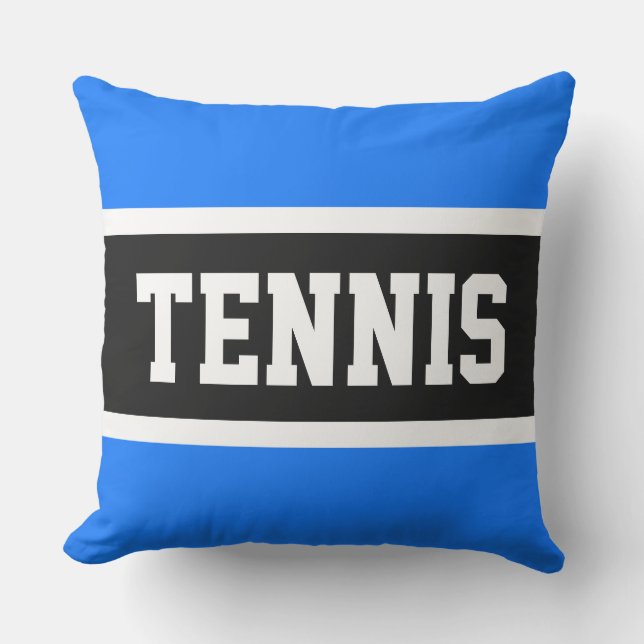 TENNIS Sporty 70s Bright Blue Black White Stripes Outdoor Pillow (Front)