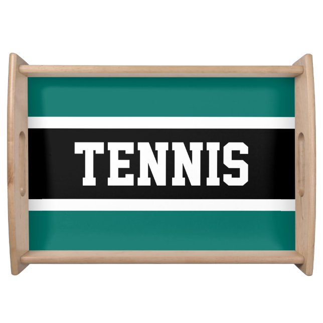 TENNIS Sporty Black White Teal Athletic Stripes Serving Tray (Front)
