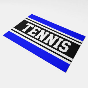 TENNIS Sporty Bright Blue Black Racing Stripes Doormat