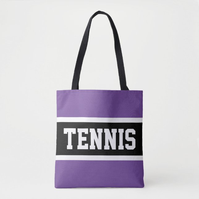 TENNIS Sporty Purple Black White Athletic Stripes Tote Bag (Front)